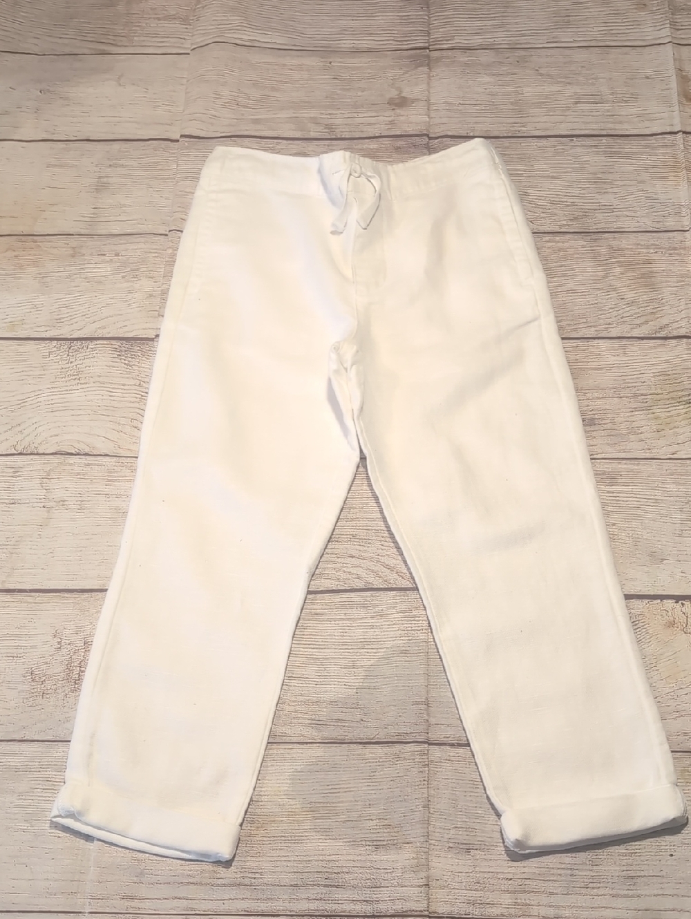 Janie And Jack Girl's Size 5 White Linen Blend Cuff Bottom Pants
